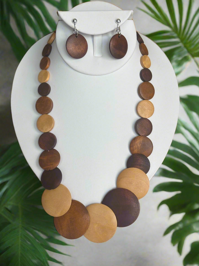 Clip on silver and brown graduated circle necklace and earring set