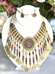 Clip on gold bohemian multi colored stone dangle necklace and earring set