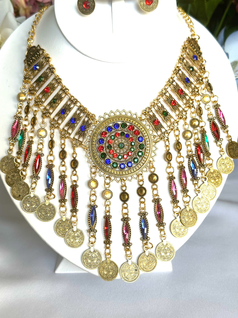 Clip on gold bohemian multi colored stone dangle necklace and earring set