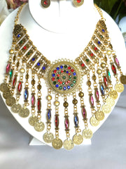 Clip on gold bohemian multi colored stone dangle necklace and earring set