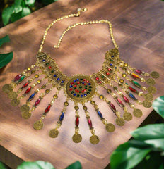 Clip on gold bohemian multi colored stone dangle necklace and earring set