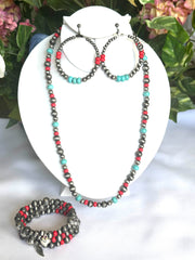 3PC clip on silver, red & turquoise bead necklace, bracelet, hoop earring set