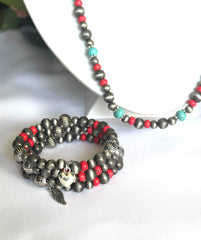 3PC clip on silver, red & turquoise bead necklace, bracelet, hoop earring set