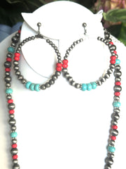 3PC clip on silver, red & turquoise bead necklace, bracelet, hoop earring set