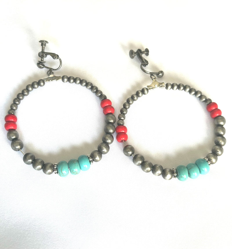 3PC clip on silver, red & turquoise bead necklace, bracelet, hoop earring set