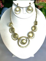 Clip on brass chain cutout circle necklace and earrings set