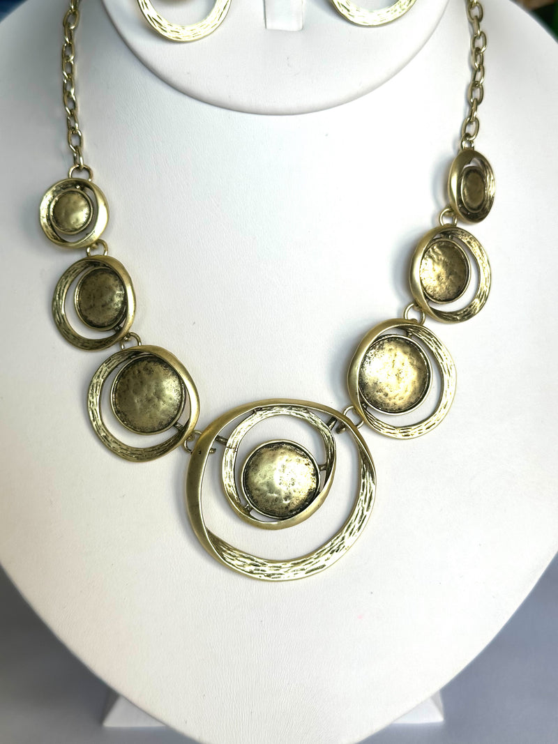 Clip on brass chain cutout circle necklace and earrings set