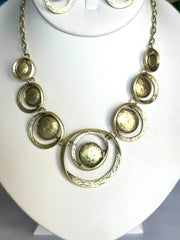 Clip on brass chain cutout circle necklace and earrings set