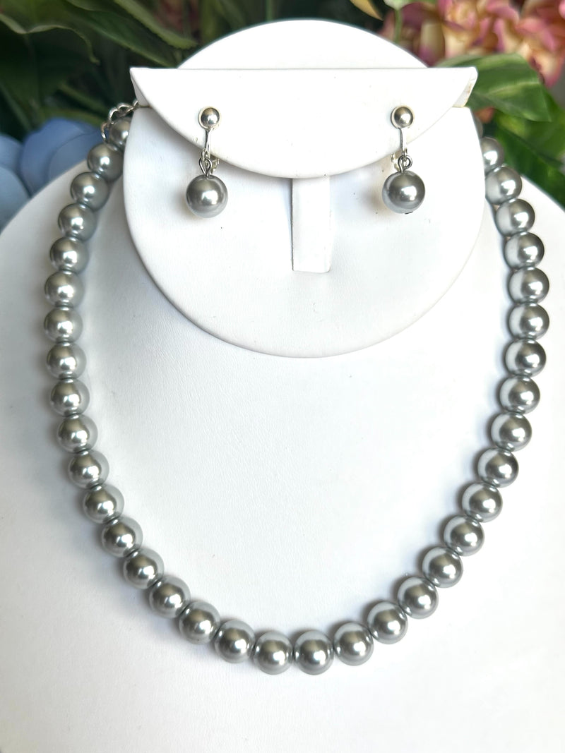 Clip on silver and gray pearl necklace and earring set