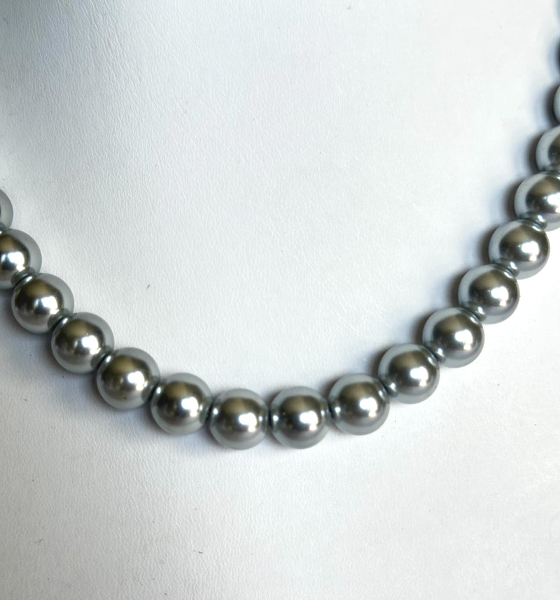 Clip on silver and gray pearl necklace and earring set