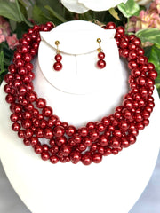 Clip on gold and shiny red pearl braided necklace set