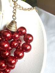 Clip on gold and shiny red pearl braided necklace set