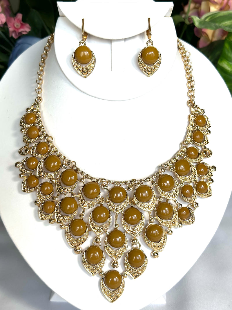 Clip on gold and brown stone statement necklace and earring set