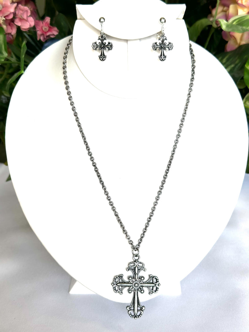 Clip on silver chain cross pendant and earring set