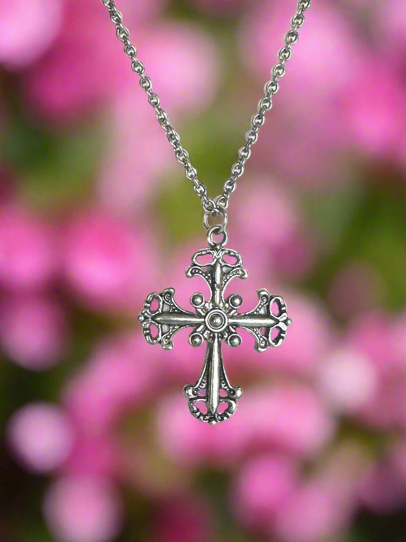 Clip on silver chain cross pendant and earring set