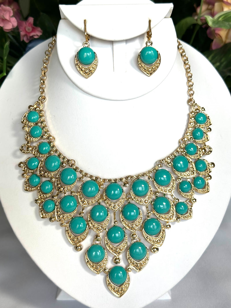 Clip on gold and turquoise stone statement necklace and earring set