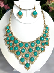 Clip on gold and turquoise stone statement necklace and earring set