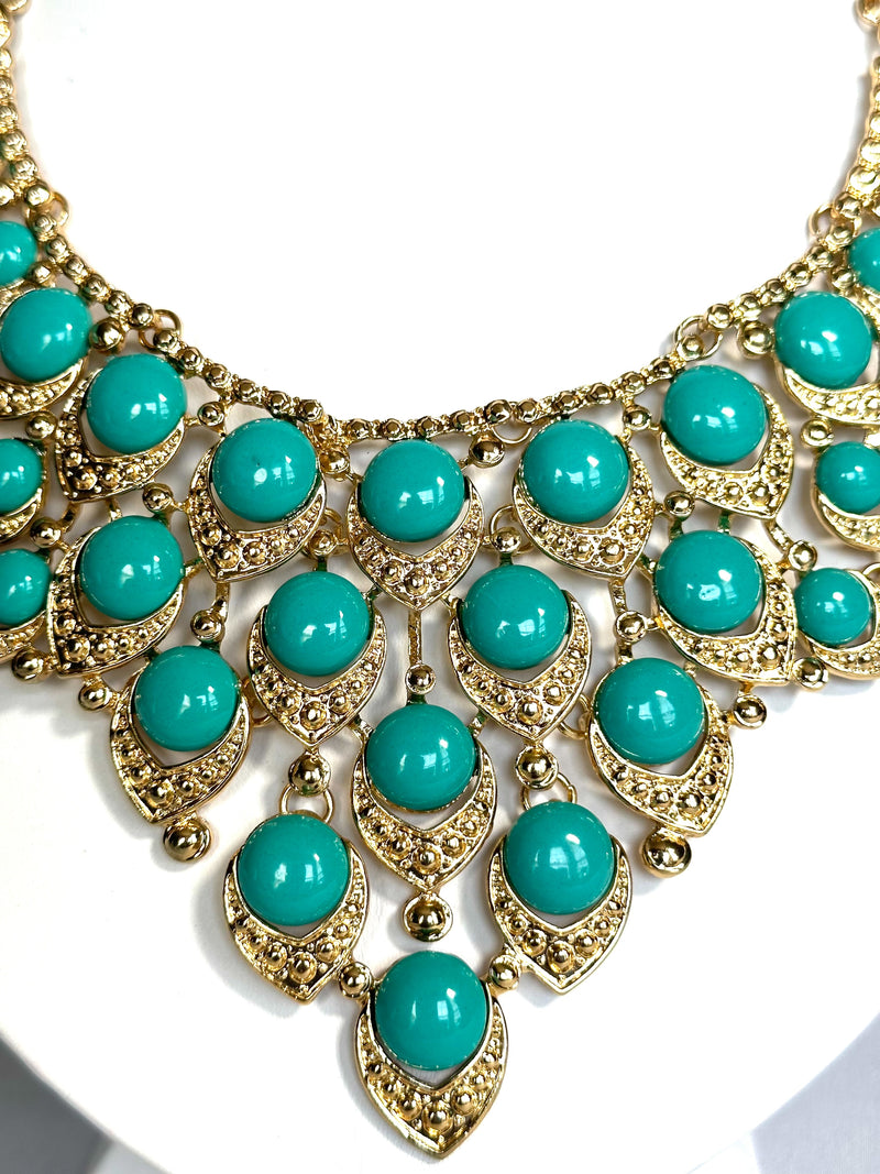 Clip on gold and turquoise stone statement necklace and earring set