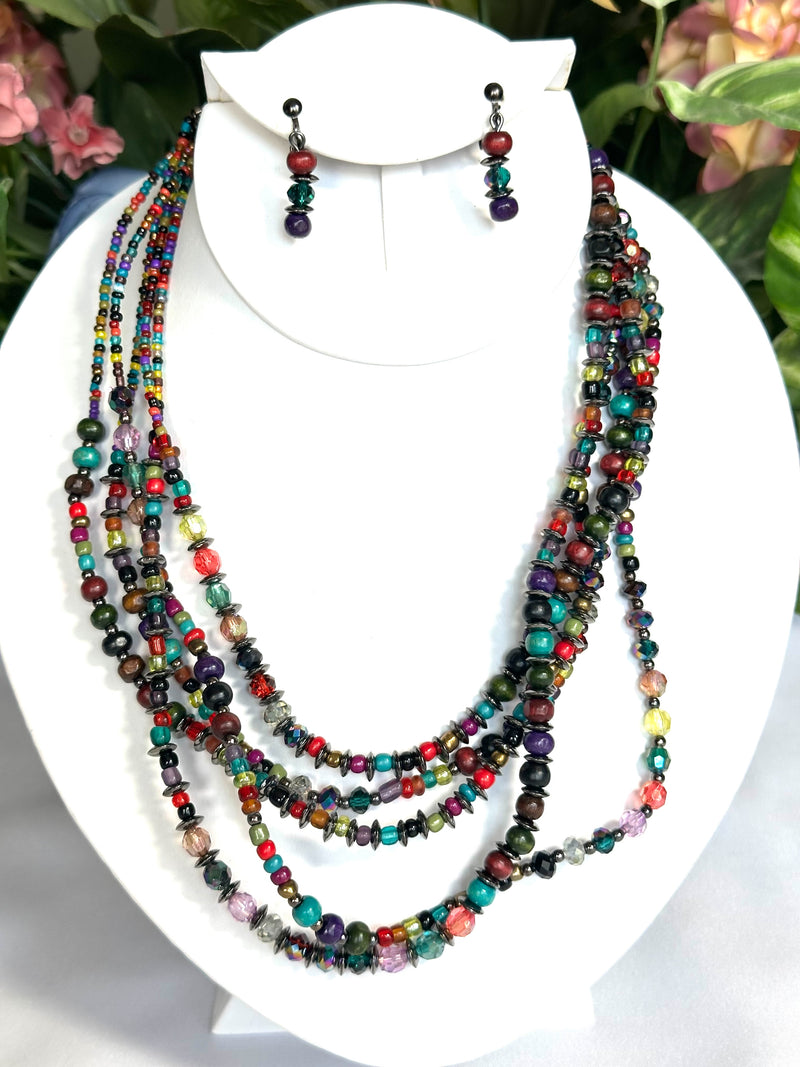 Clip on gunmetal multi colored small bead necklace and earring set