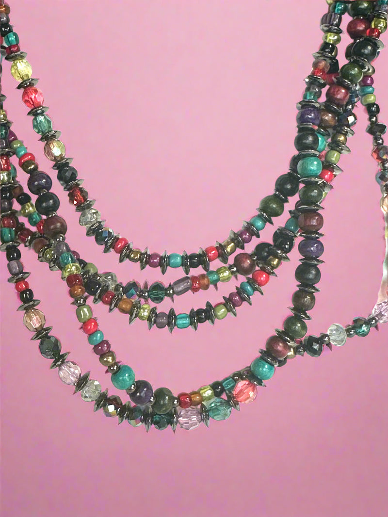 Clip on gunmetal multi colored small bead necklace and earring set