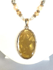 Clip on gold chain yellow bead and stone oval pendant necklace set