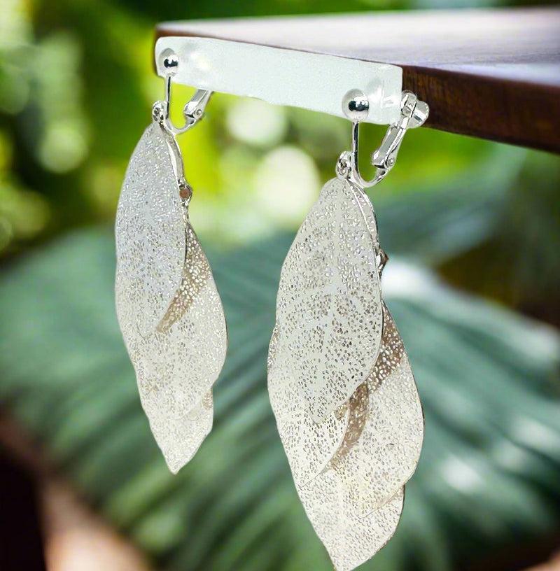 Clip on 3 1/2" long silver pinhole layered leaf earrings