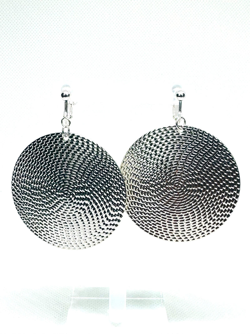 Clip on 2 1/2" silver lightweight dangle textured circle earrings