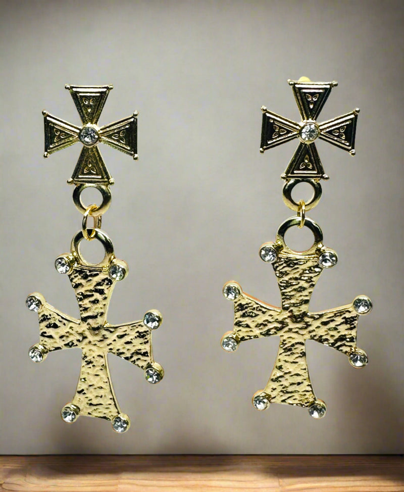 Clip on 2" silver and clear stone straight edge cross earrings