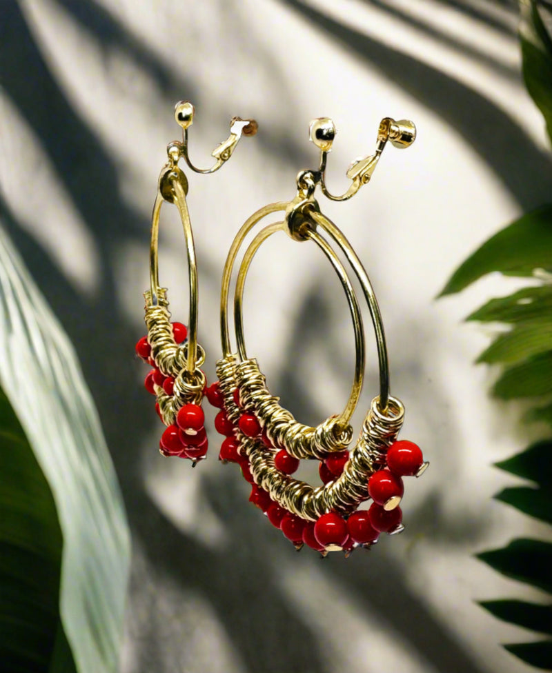 Clip on 2 3/4" gold and red bead double hoop dangle earrings