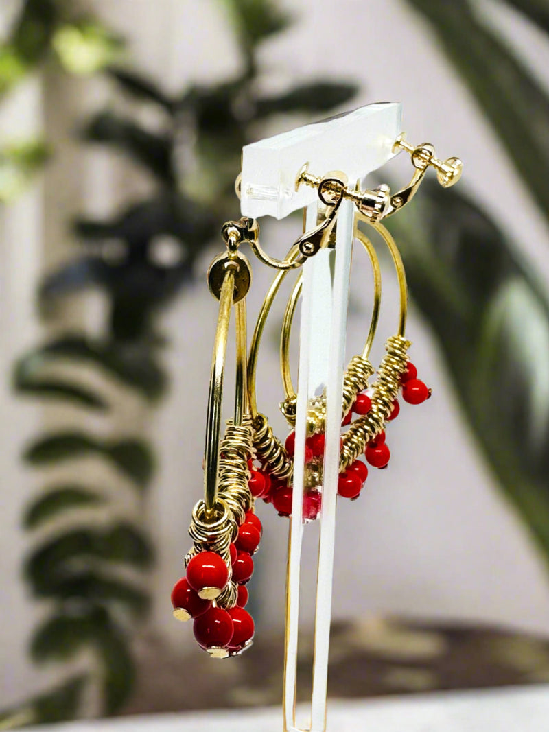 Clip on 2 3/4" gold and red bead double hoop dangle earrings