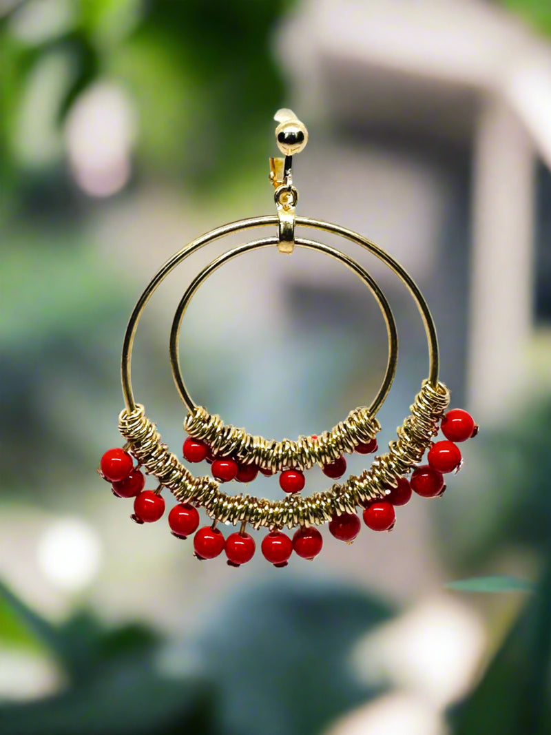 Clip on 2 3/4" gold and red bead double hoop dangle earrings