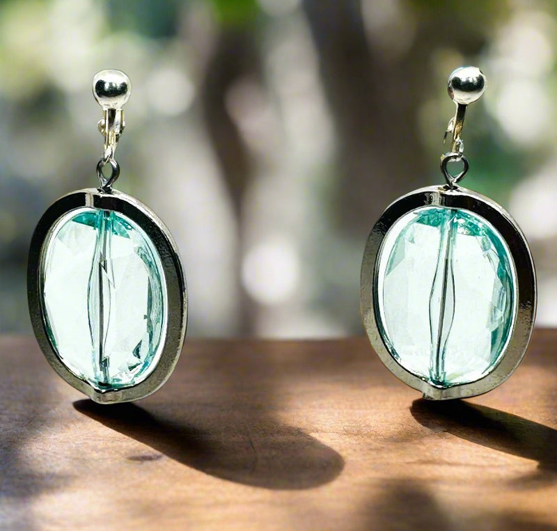 Clip on 1 3/4" silver and seafoam bead dangle earrings