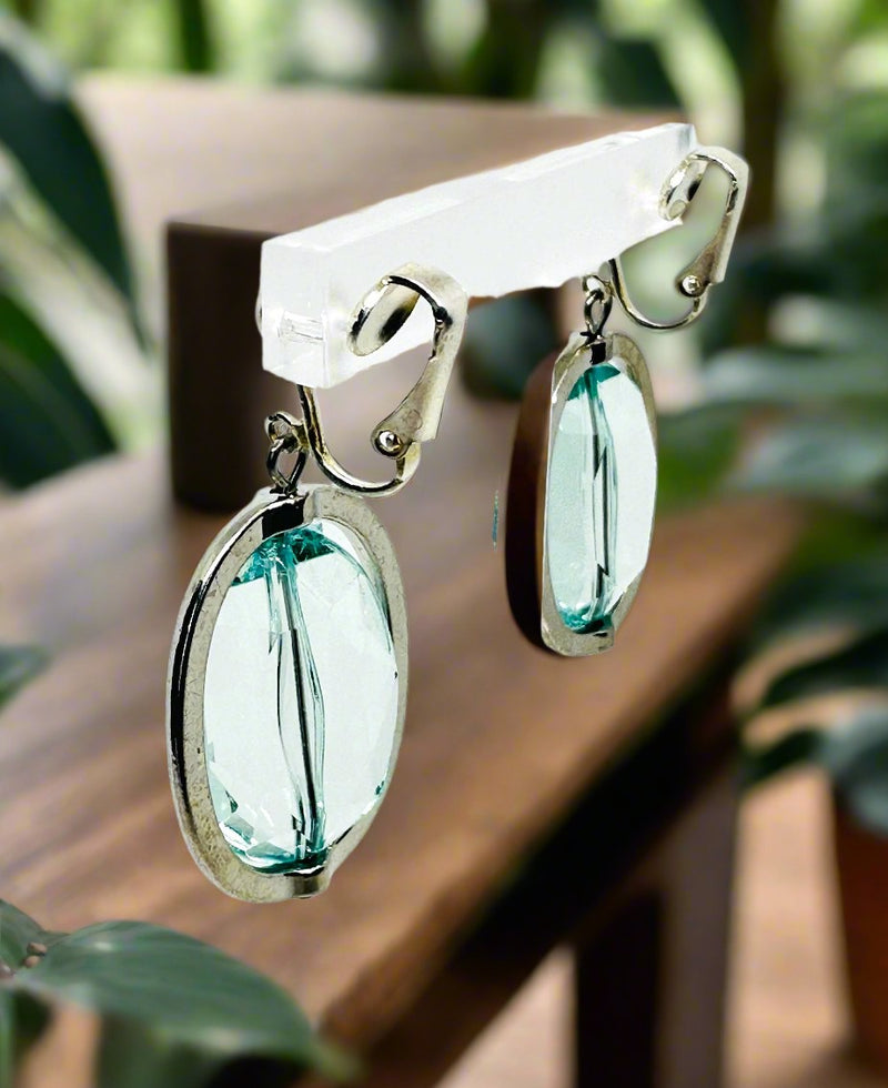 Clip on 1 3/4" silver and seafoam bead dangle earrings