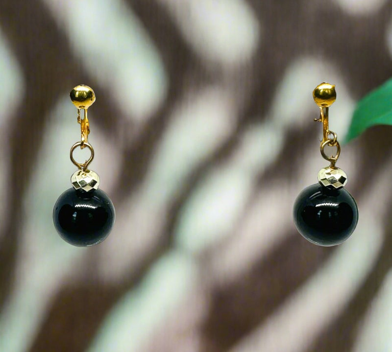 Clip on 1 1/4" gold and silver dangle black bead earrings