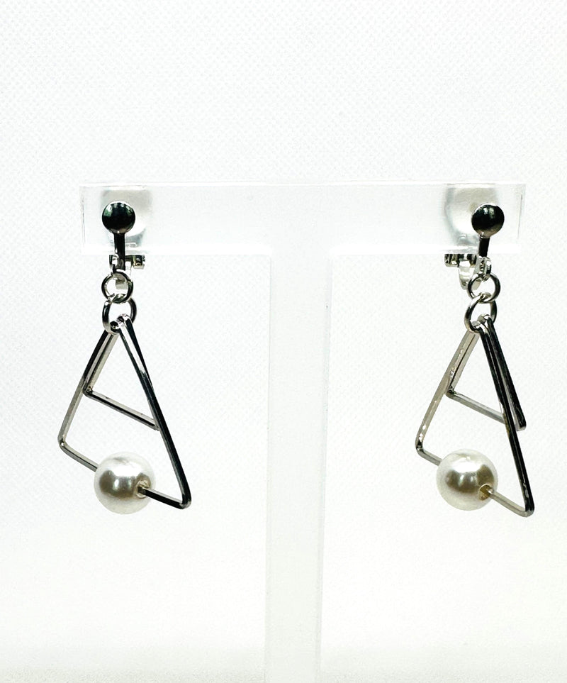 Clip on 1 1/2" silver double triangle and white pearl dangle earrings