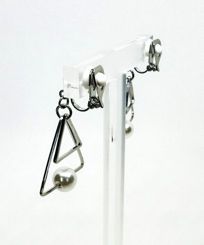 Clip on 1 1/2" silver double triangle and white pearl dangle earrings