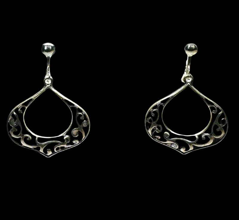 Clip on 1 3/4" silver and black flower design dangle earrings