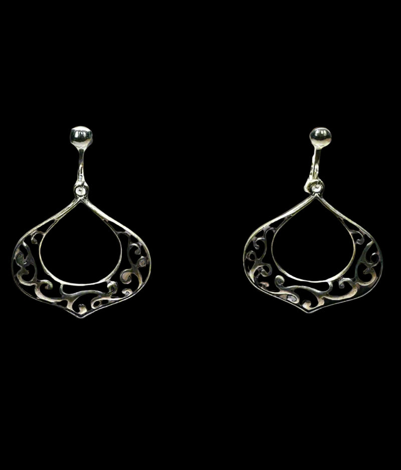 Clip on 1 3/4" matte silver dangle black painted hammered dangle hoop earrings