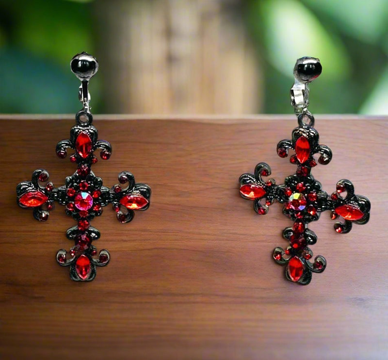 Clip on 2" gunmetal and red stone dangle cross earrings