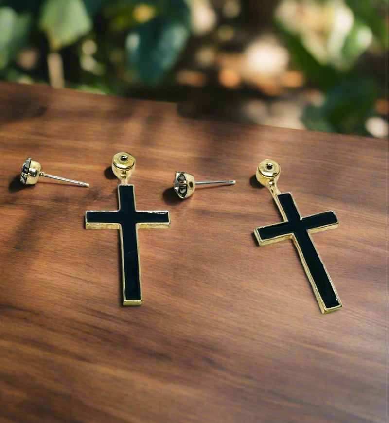 Clip on 2" silver and clear stone straight edge cross earrings