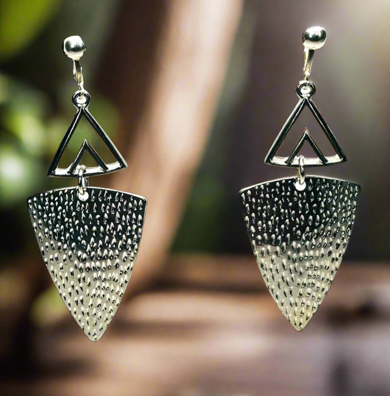 Clip on 2 1/2" silver pinhole dangle arrow earrings