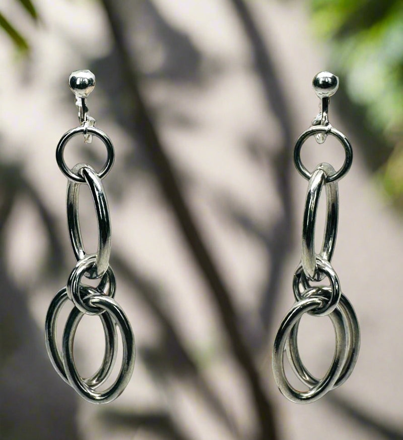 Clip on 2 3/4" silver chain link dangle earrings