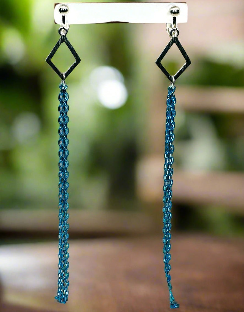 Clip on 5 3/4" Xlong silver, blue and gold dangle chain earrings