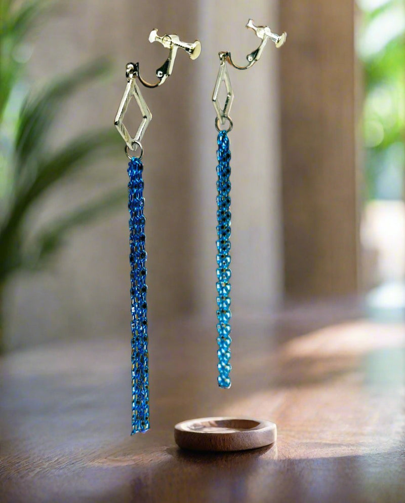 Clip on 5 3/4" Xlong silver, blue and gold dangle chain earrings