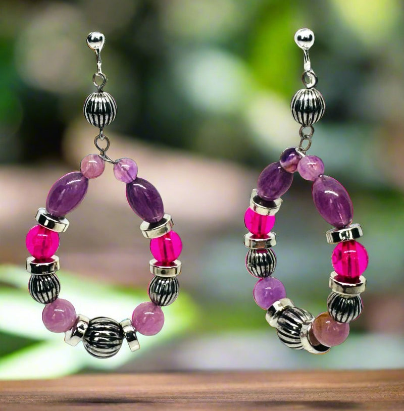 Clip on 3" silver wire pink and purple bead dangle hoop earrings