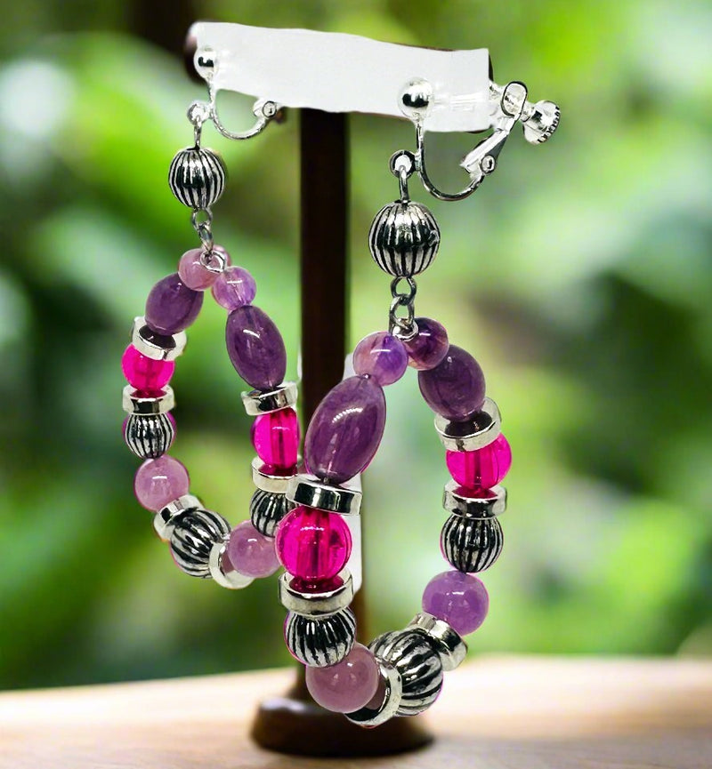 Clip on 3" silver wire pink and purple bead dangle hoop earrings