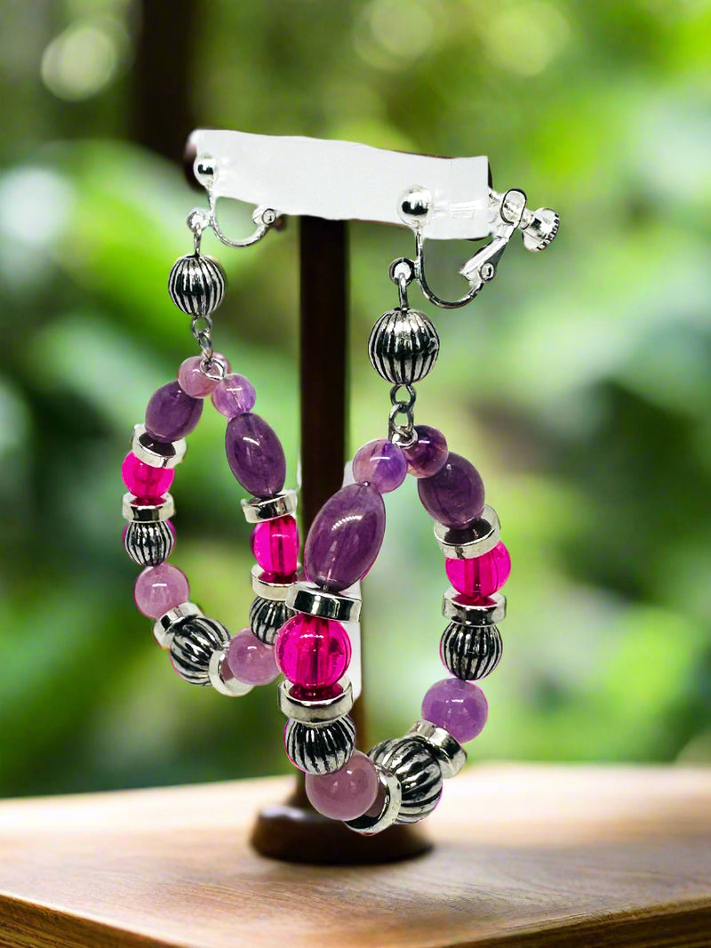 Clip on 3" silver wire pink and purple bead dangle hoop earrings