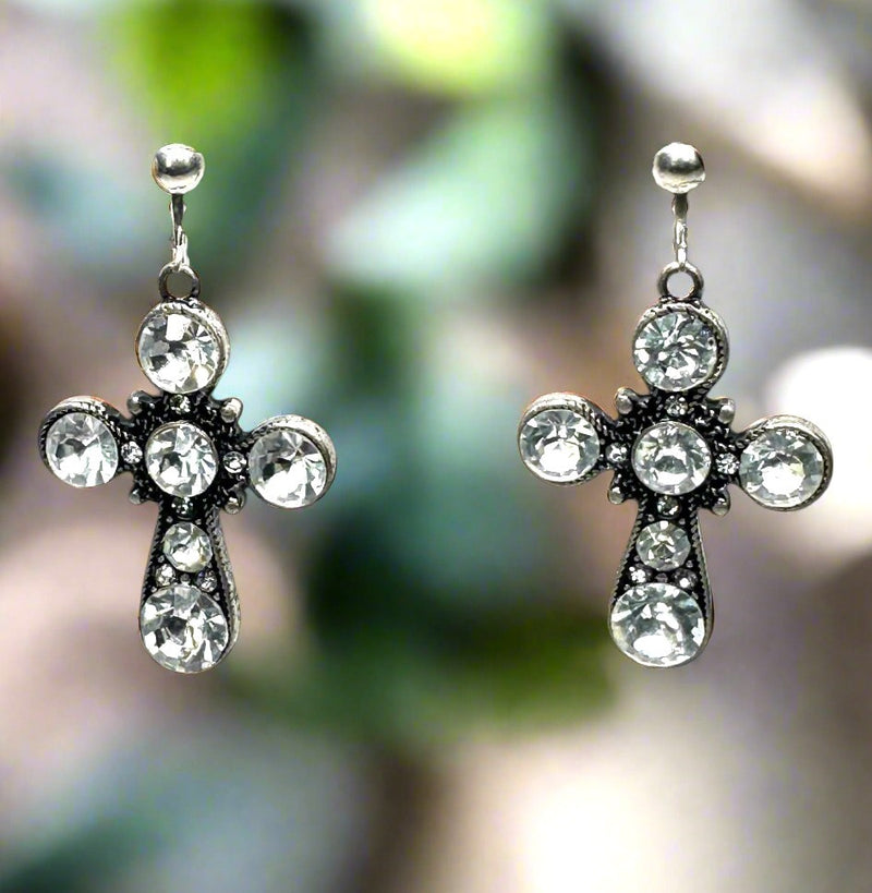 Clip on 2" silver and clear circle stone dangle cross earrings