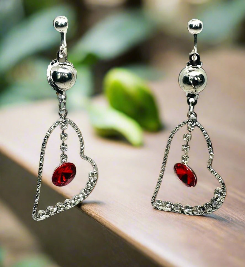 Clip on 3" silver clear and red stone dangle heart earrings