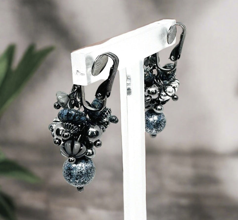 Clip on 1 3/4" gunmetal, silver and gray cluster bead earrings